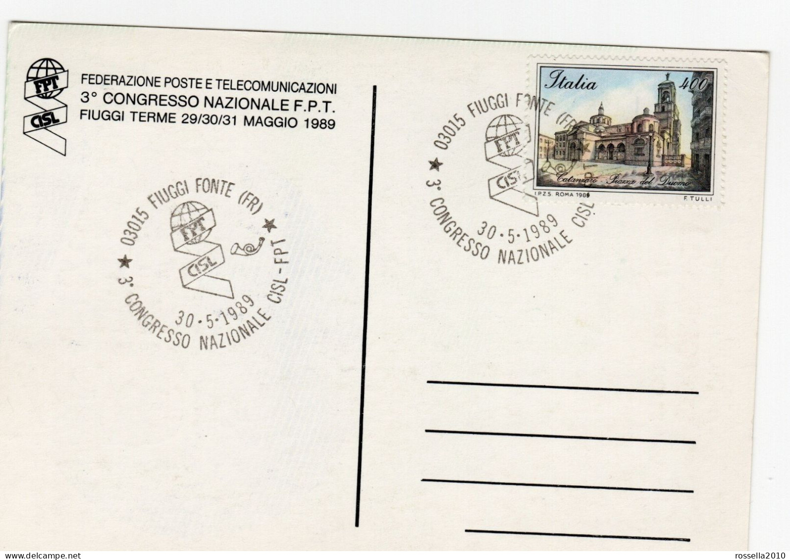 CARTOLINA ITALIA 3° CONGRESSO NAZIONALE CISL - FPT FEDERAZIONE POSTE TELECOMUNICAZIONI FIUGGI 1989 Italy Postcard - Manifestazioni