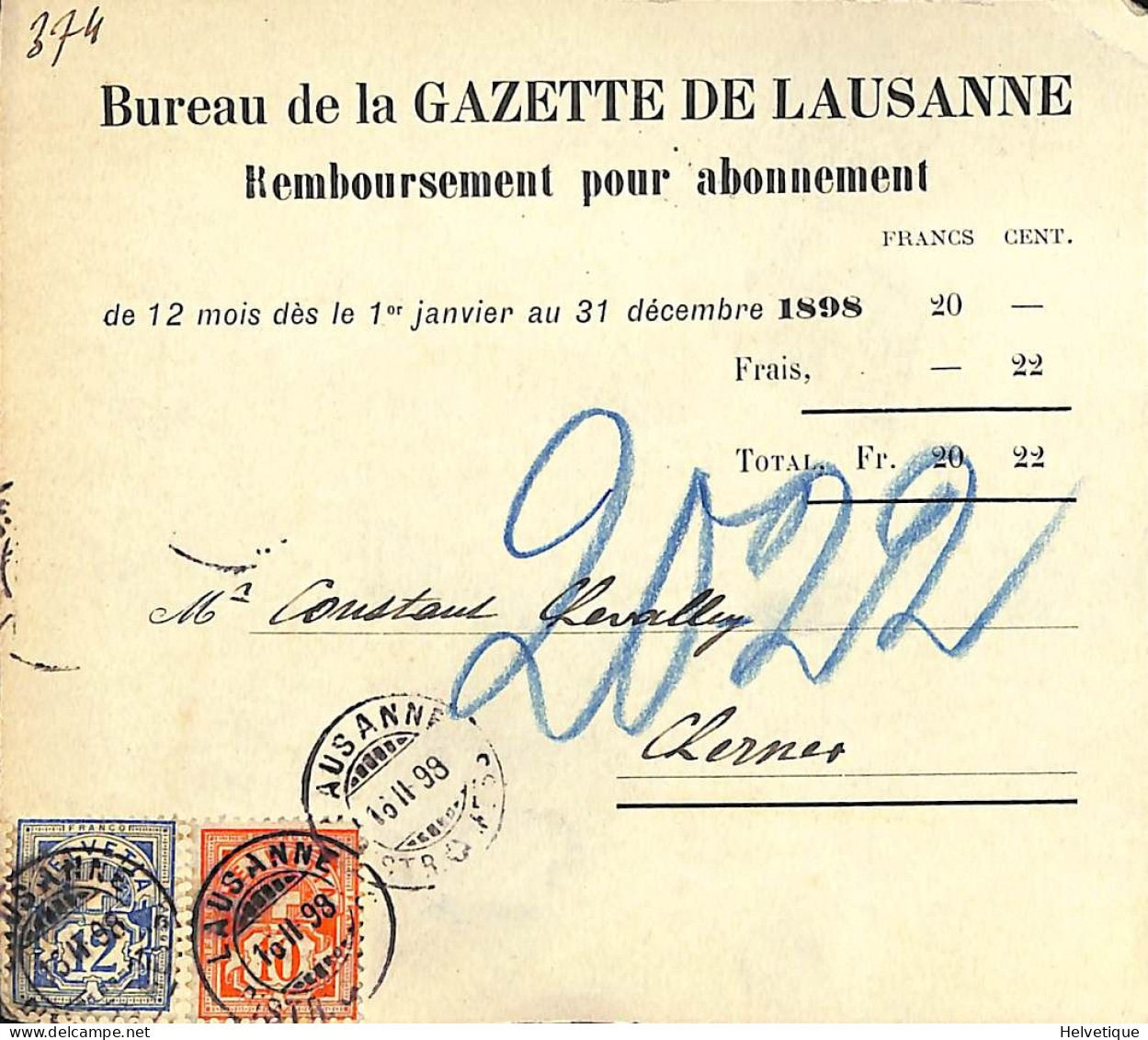 Facture Abonnement Au Journal La Gazette De Lausanne 1898 Chevalley Chernex Sur Montreux - Svizzera