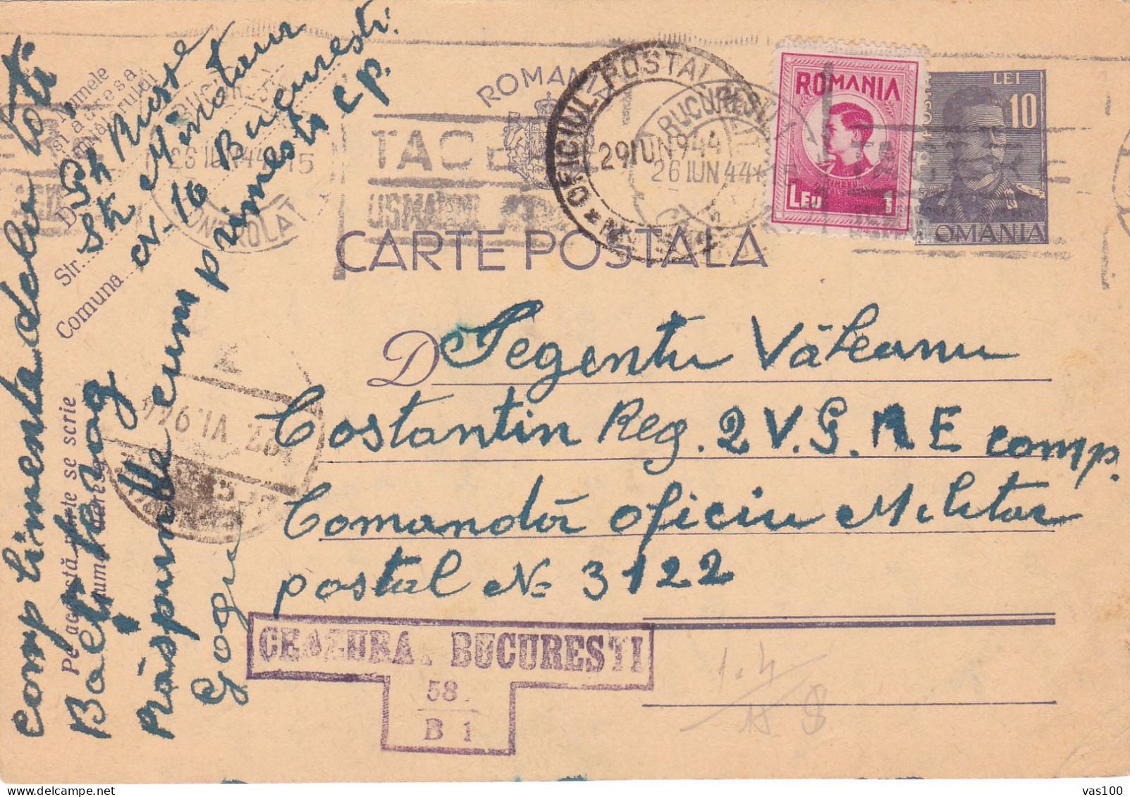 Romania, 1944, WWII Military Censored OPM, CENSOR , POSTCARD STATIONERY, PMC COMUNIST PROPAGANDA - World War 2 Letters