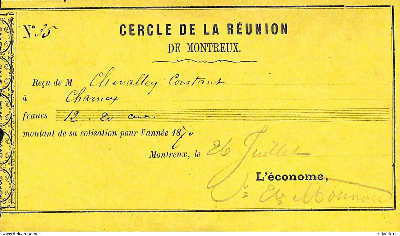 Facture Cotisation Cercle De La Réunion De Montreux Chevalley Chernex 1870 - Schweiz