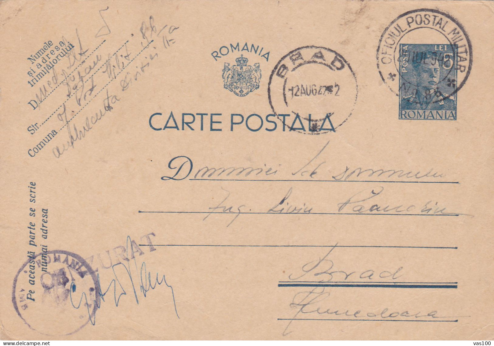 Romania, 1944, WWII  Censored OPM #86, CENSOR , POSTCARD STATIONERY - World War 2 Letters