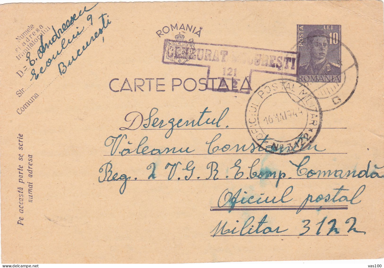 Romania, 1944, WWII  Censored, CENSOR OPM #3122 , POSTCARD STATIONERY - Storia Postale Seconda Guerra Mondiale