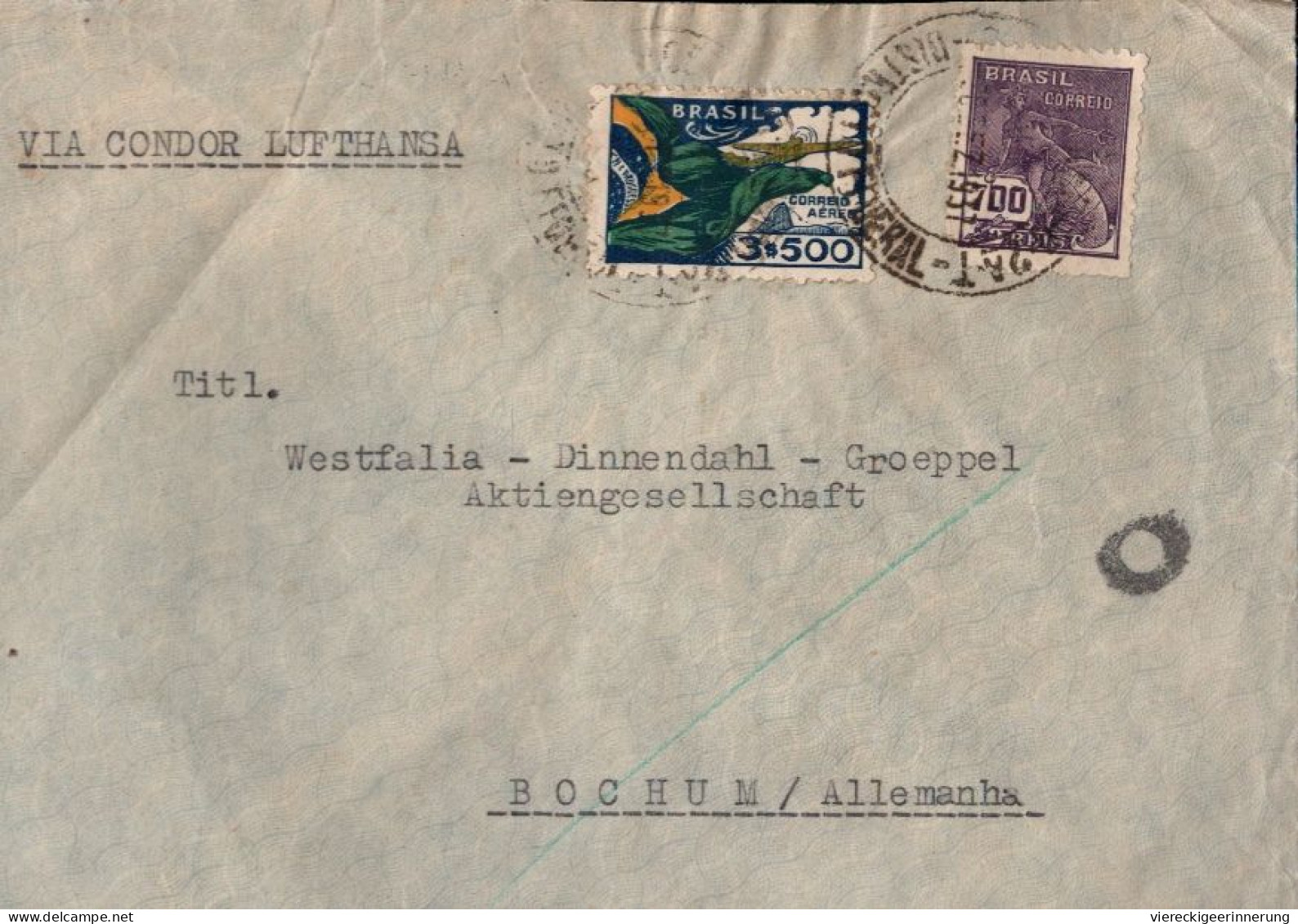 ! Luftpostbrief, Airmail Cover, 1937 Aus Rio De Janeiro, Brasilien, Via Condor Lufthansa, Nach Bochum - Posta Aerea