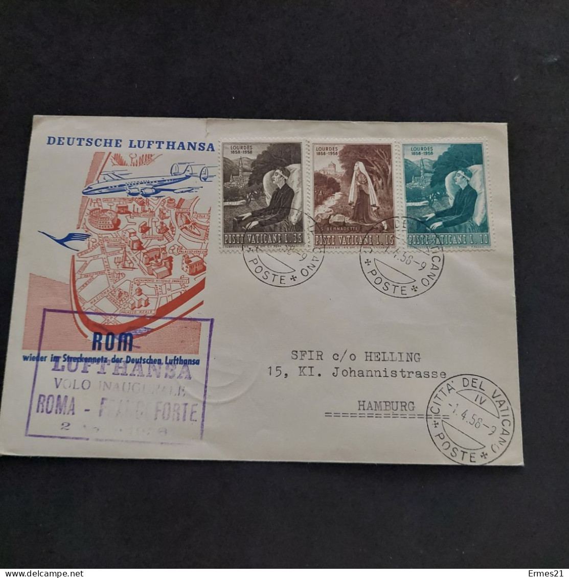 Cartolina Poste Vaticane 1958. Deutsche Lufthansa. Volo Inaugurale Roma-Francoforte. Viaggiata. - Variétés & Curiosités