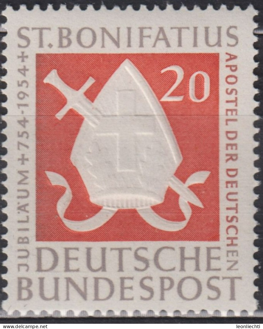 1954 Deutschland > BRD, ** Mi:DE 199, Sn:DE 724, Yt:DE 75, Hl. Bonifatius, Durchbohrte Mitra - Ungebraucht
