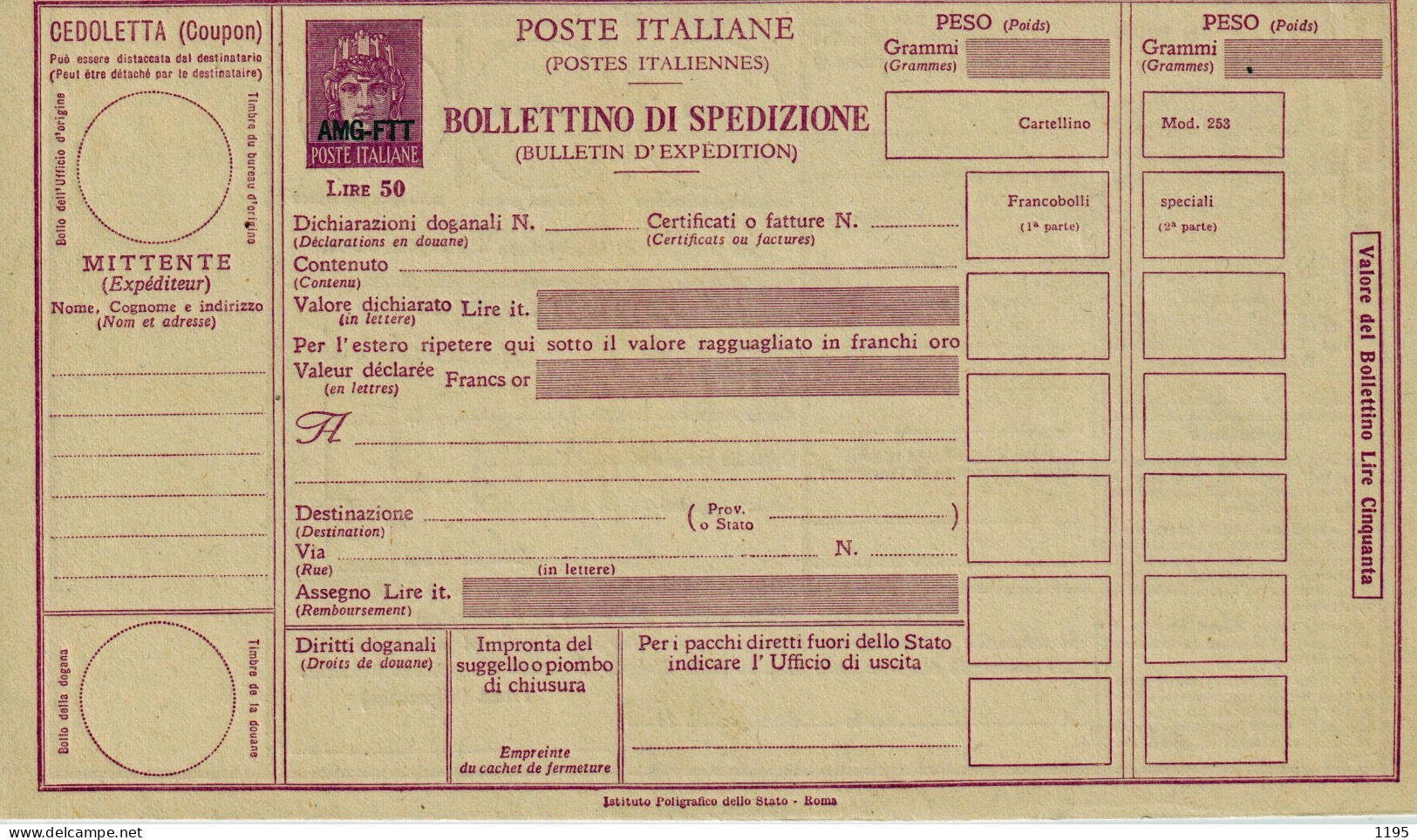 Bollettino Di Spedizione 50 Lire Filagrano P 18 Nuovo (04725) - Other & Unclassified