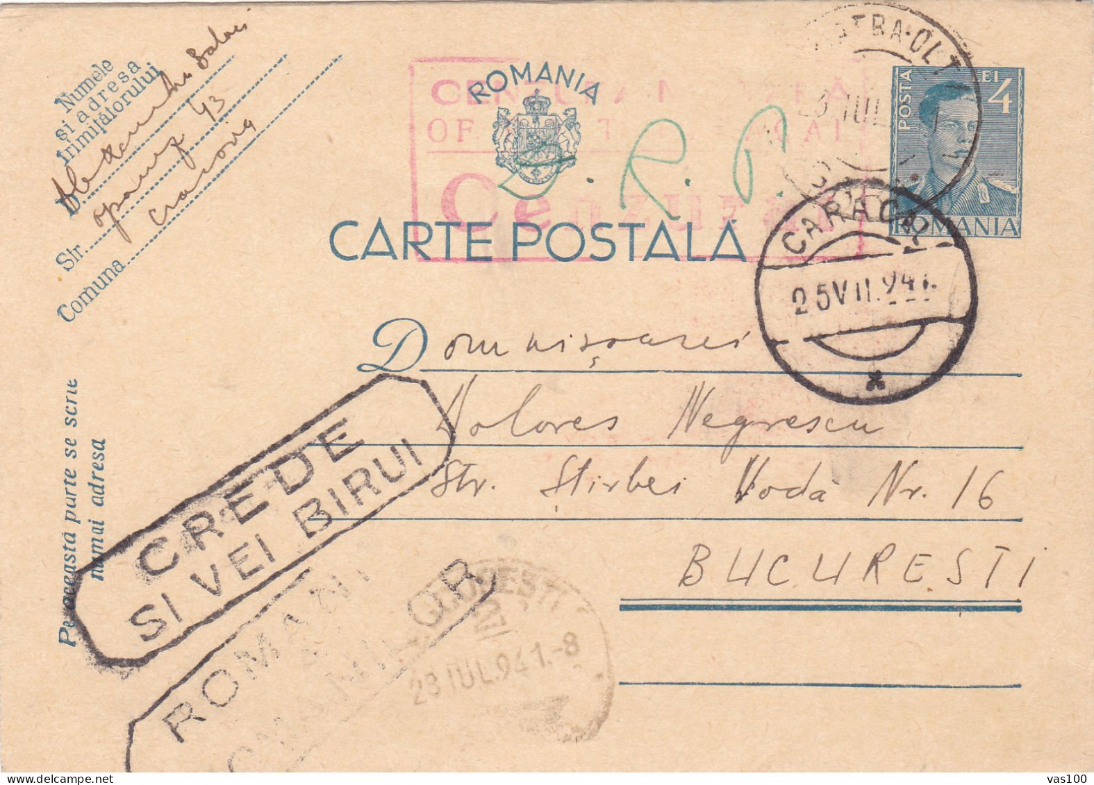 Romania, 1941, WWII  Censored, CENSOR, POSTCARD STATIONERY, COMUNIST PROPAGANDA, CARACAL - Lettres 2ème Guerre Mondiale