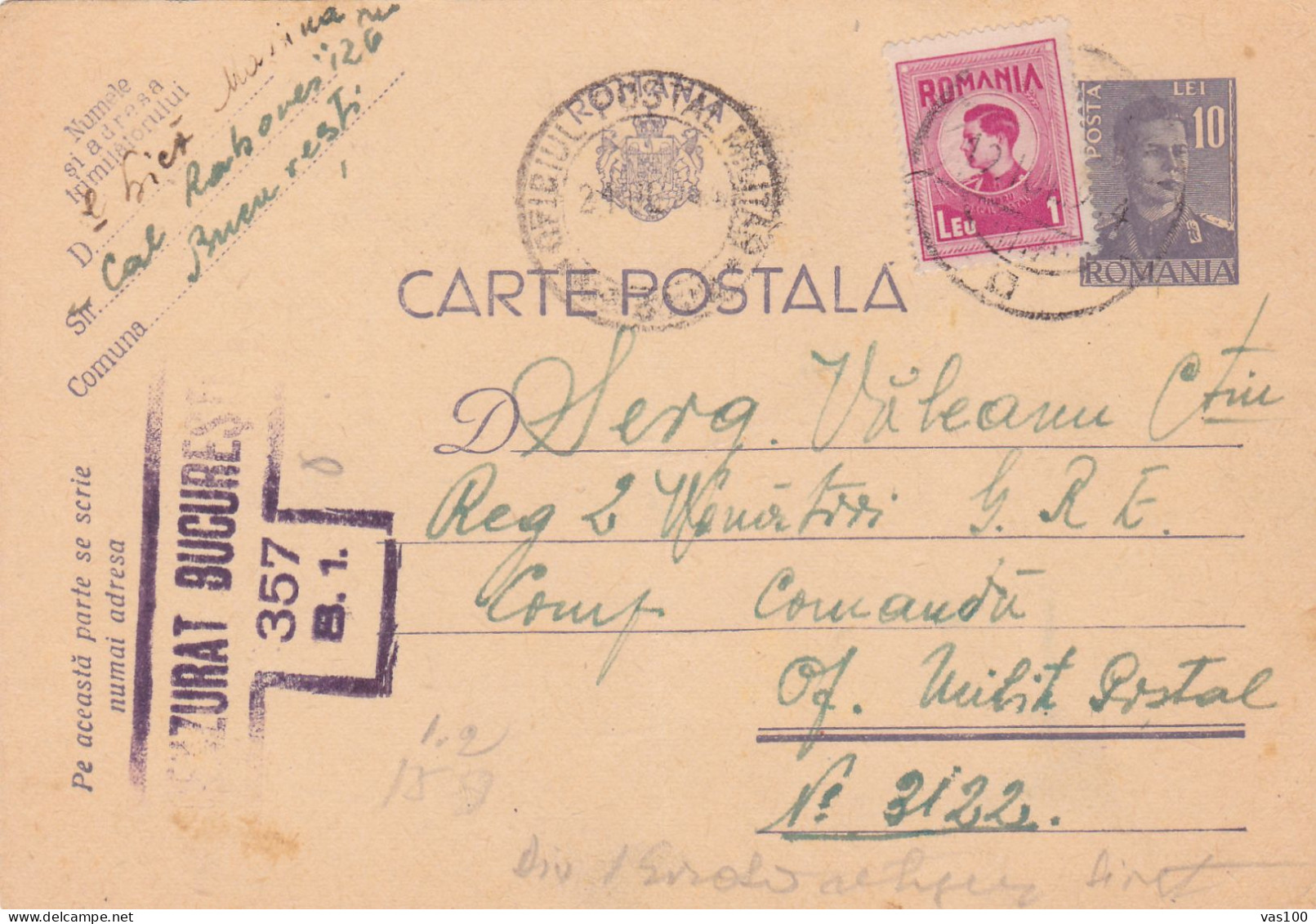 Romania, 1941, WWII  Censored, CENSOR OPM #3122, POSTCARD STATIONERY - Lettres 2ème Guerre Mondiale