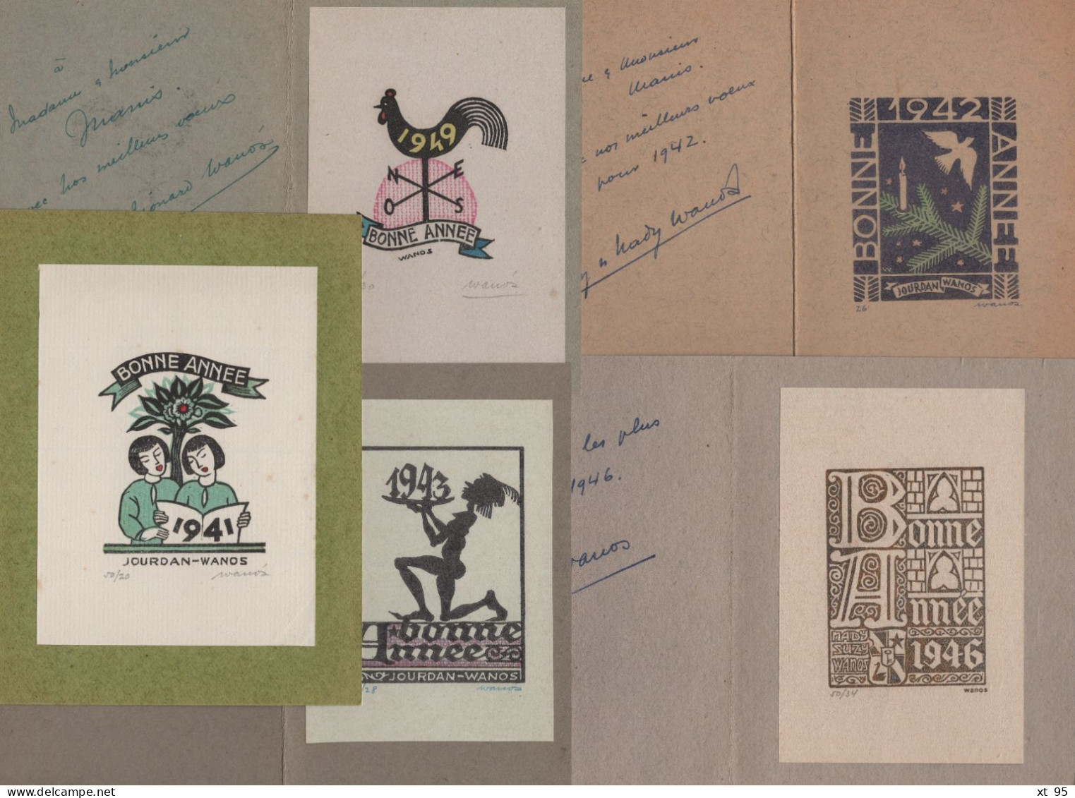 Lot De 5 Cartes De Bonne Annee Avec Lithographies - Signees Leonard Wanos (philateliste Journaliste) 1941 à 1949 - Lithographien