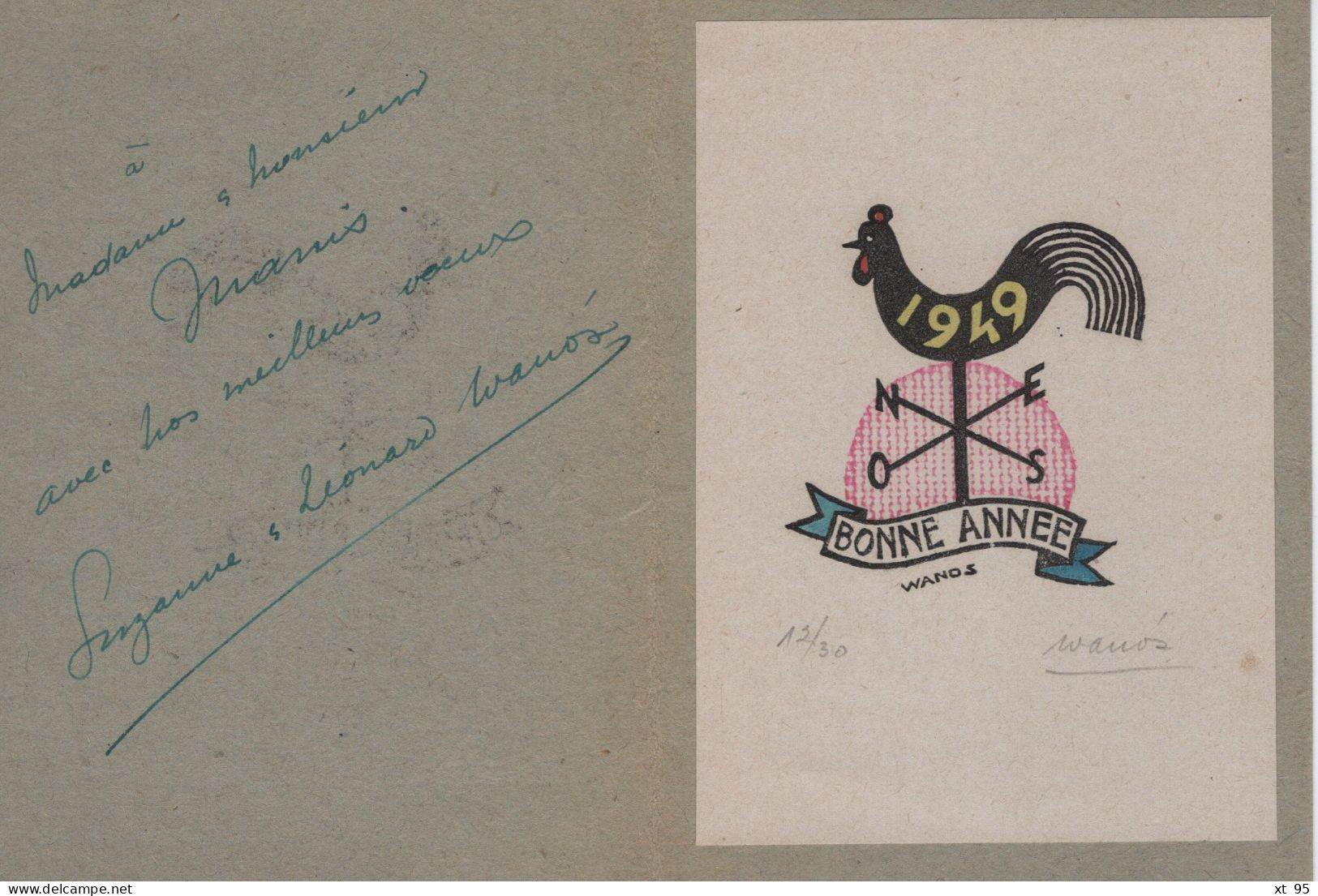 Lot De 5 Cartes De Bonne Annee Avec Lithographies - Signees Leonard Wanos (philateliste Journaliste) 1941 à 1949 - Lithografieën