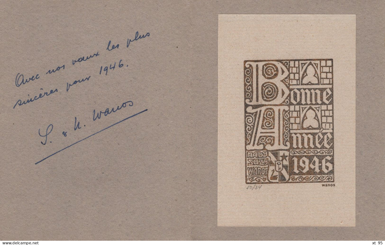 Lot De 5 Cartes De Bonne Annee Avec Lithographies - Signees Leonard Wanos (philateliste Journaliste) 1941 à 1949 - Litografia