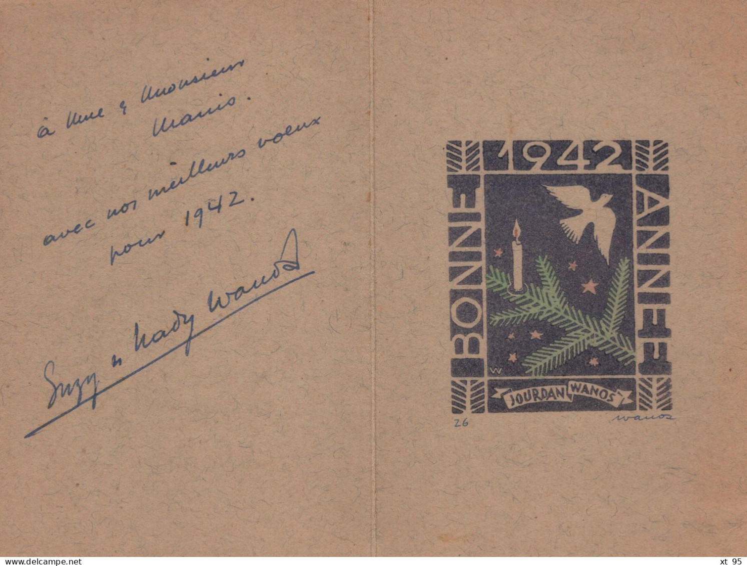 Lot De 5 Cartes De Bonne Annee Avec Lithographies - Signees Leonard Wanos (philateliste Journaliste) 1941 à 1949 - Lithografieën