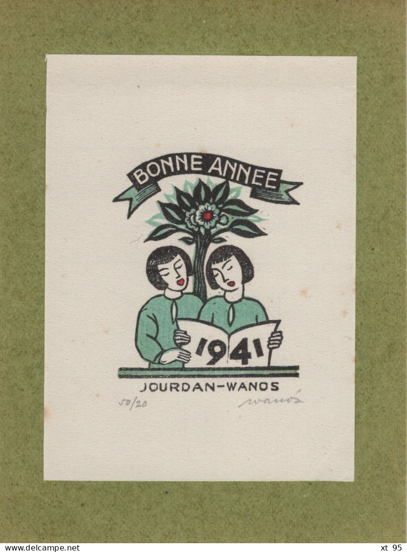 Lot de 5 Cartes de Bonne Annee avec lithographies - signees Leonard Wanos (philateliste journaliste) 1941 à 1949