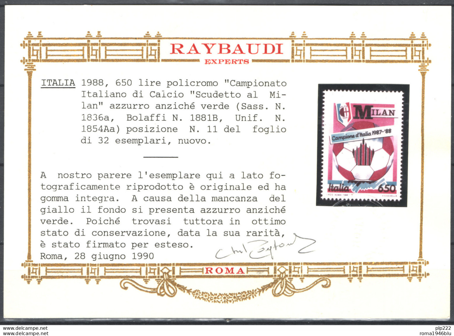 Italia Repubblica 1989 Milan - Colore Giallo Evanescente Sass. 1836a**/MNH VF - Cert.Raybaudi - Varietà E Curiosità