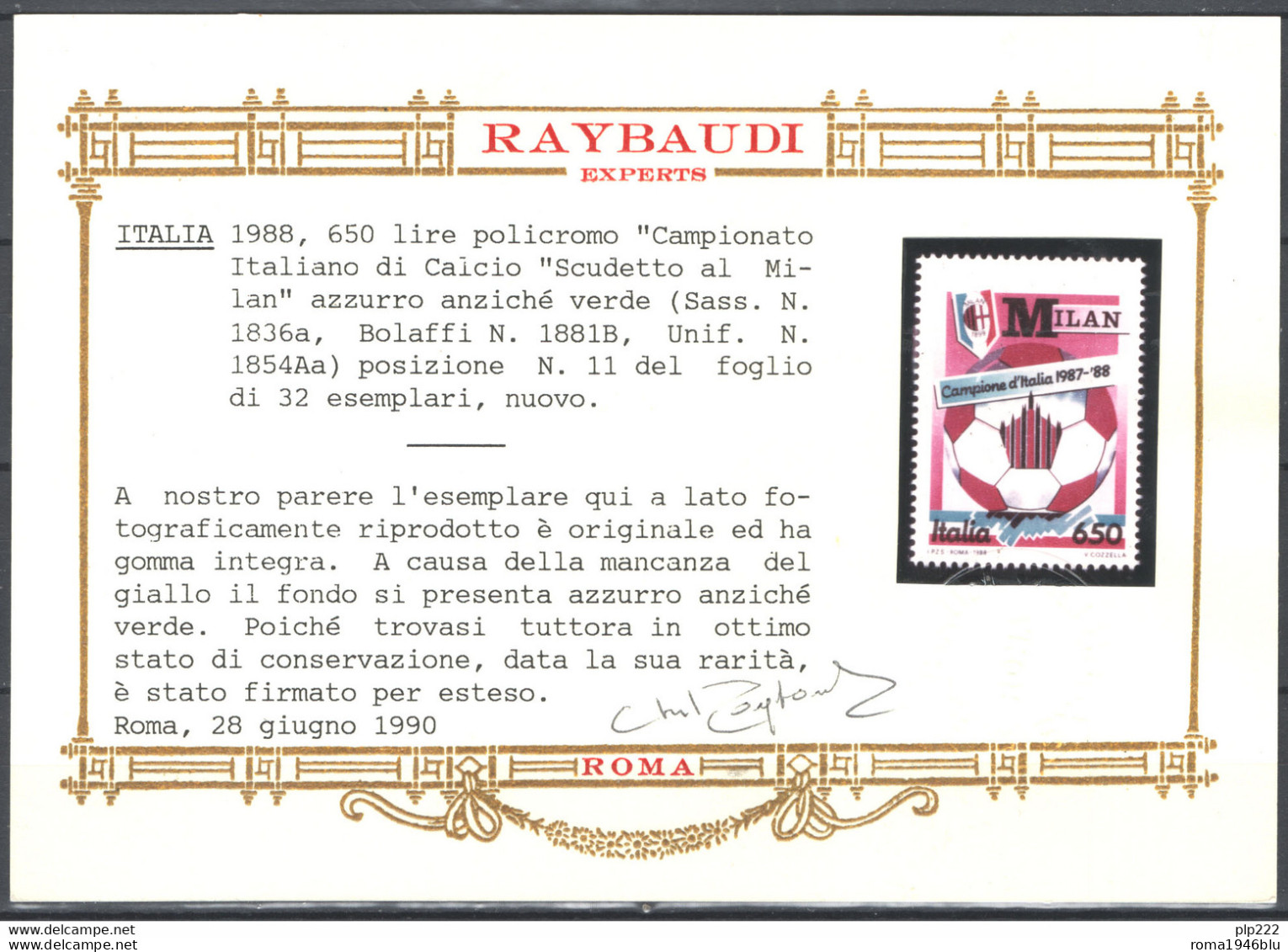 Italia Repubblica 1989 Milan - Colore Giallo Evanescente Sass. 1836a**/MNH VF - Cert.Raybaudi - Errors And Curiosities