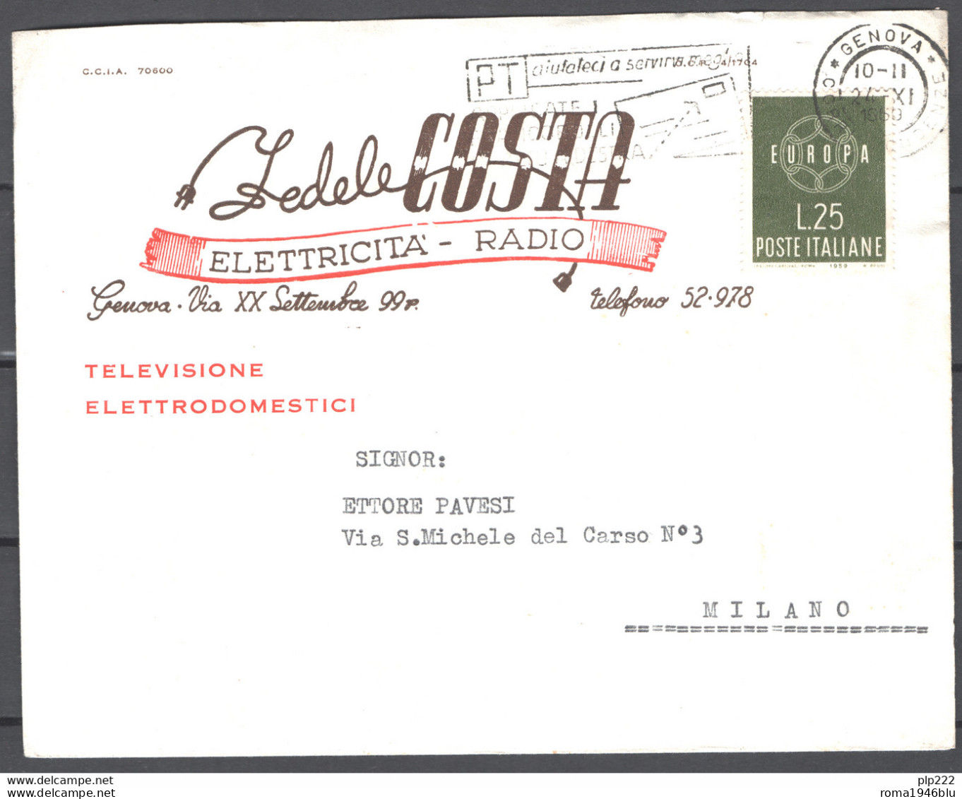 Italia Repubblica Busta Pubblicitaria ElettricitÃ  Costa Genova VF/F - 1946-60: Marcophilie