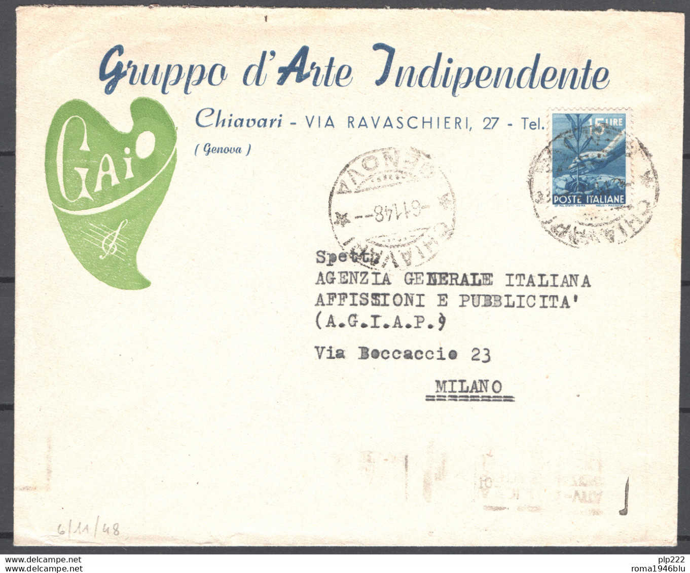Italia Repubblica Busta Pubblicitaria Gruppo D'Arte Indipendente Chiavari - Musica VF/F - 1946-60: Marcophilie