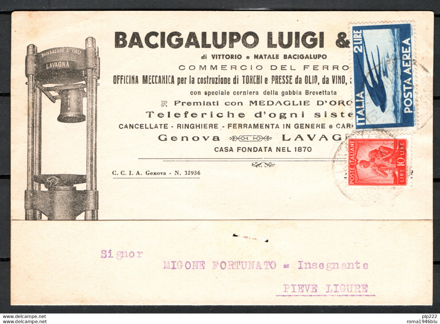 Italia Repubblica Busta Pubblicitaria Off.Meccanica Bacigalupo Lavagna VF/F - 1946-60: Marcophilie