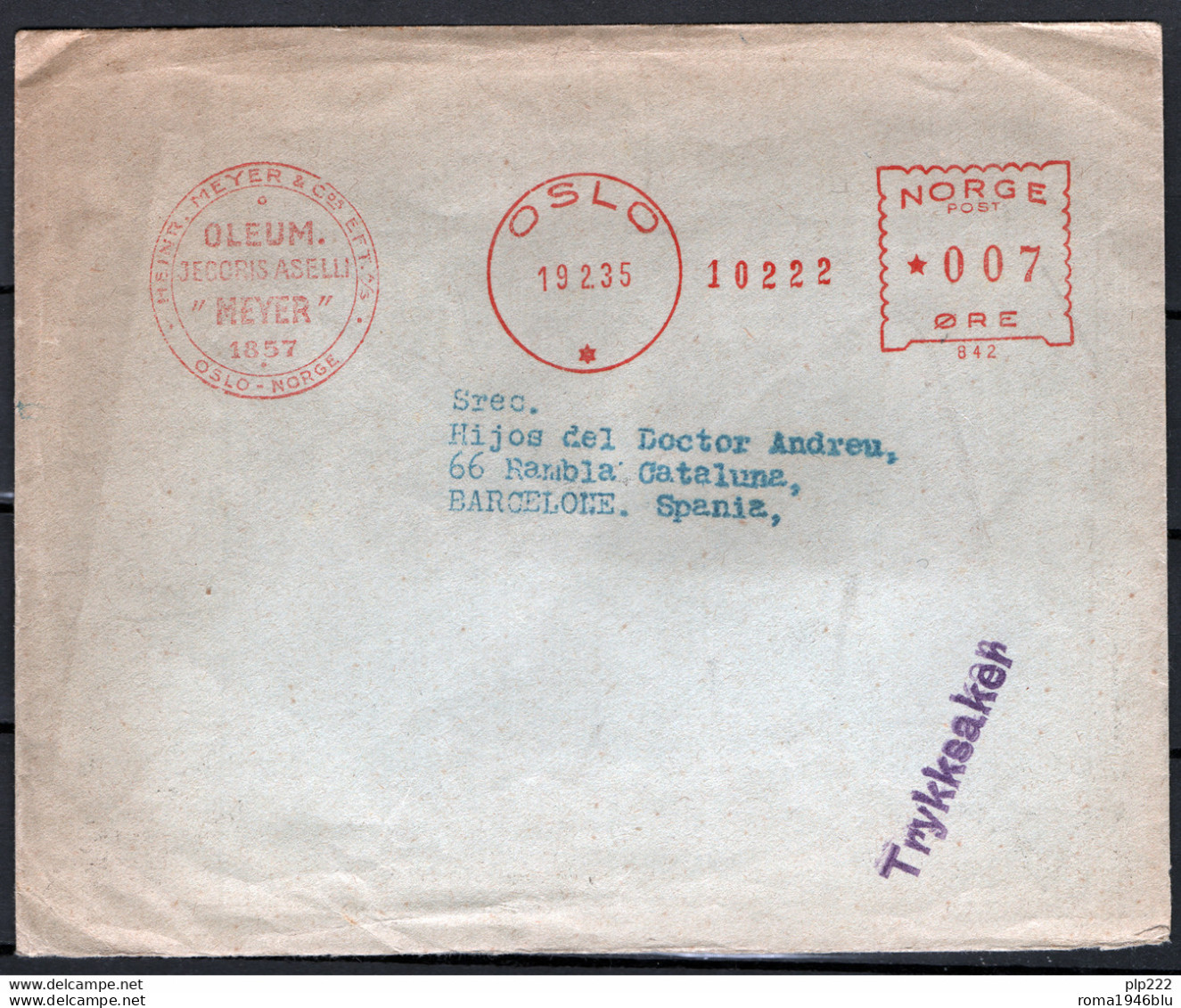 Norvegia 1935 Busta Pubblicitaria / Advertising Envelope - Oleum Meyer Oslo VF/F - Brieven En Documenten