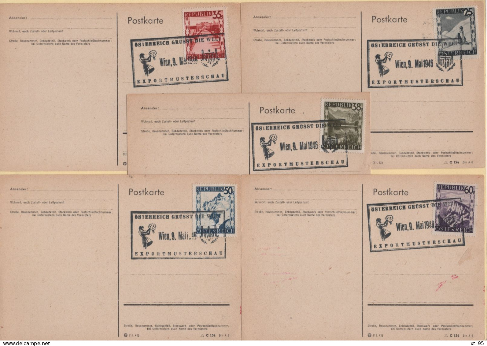 Autriche - Wien - 1946 - Lot De 5 Cartes Avec Obliteration Exportmusterchau - Briefe U. Dokumente