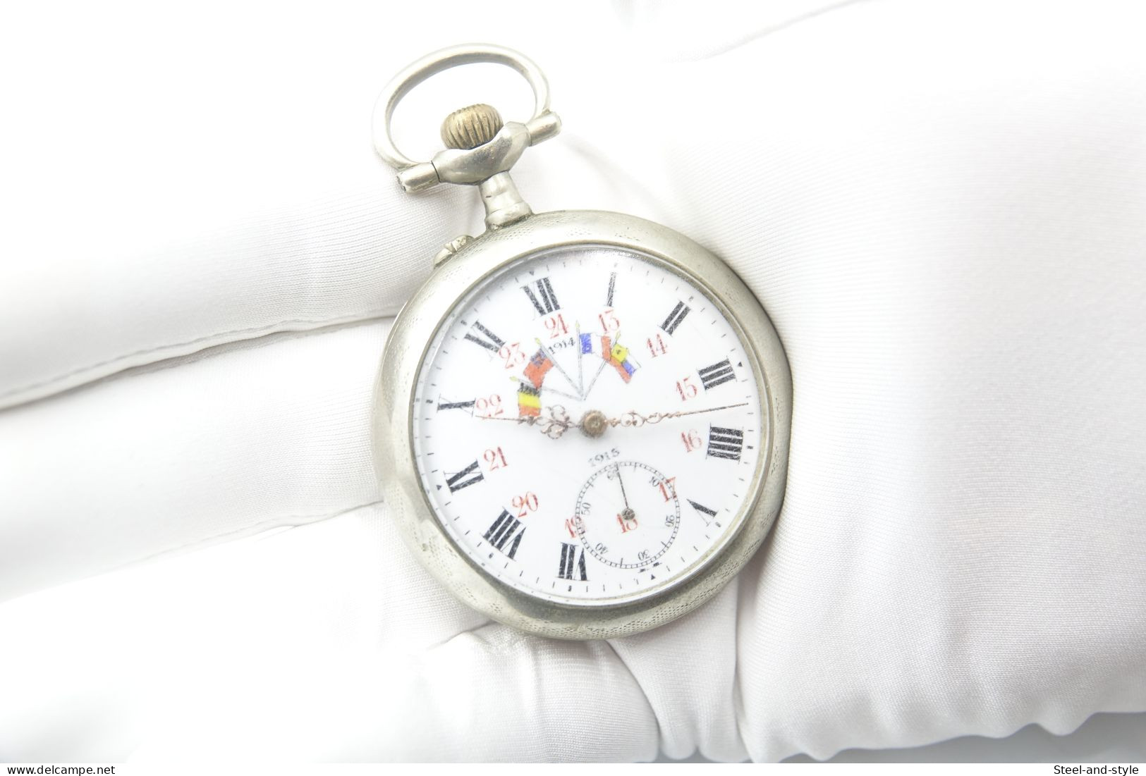 Watches : POCKET WATCH WW1 WWI 1914 - 1915 Allies Flags 1915's - ULTRA RARE - Original - Running - France / Belgium - Montres Gousset