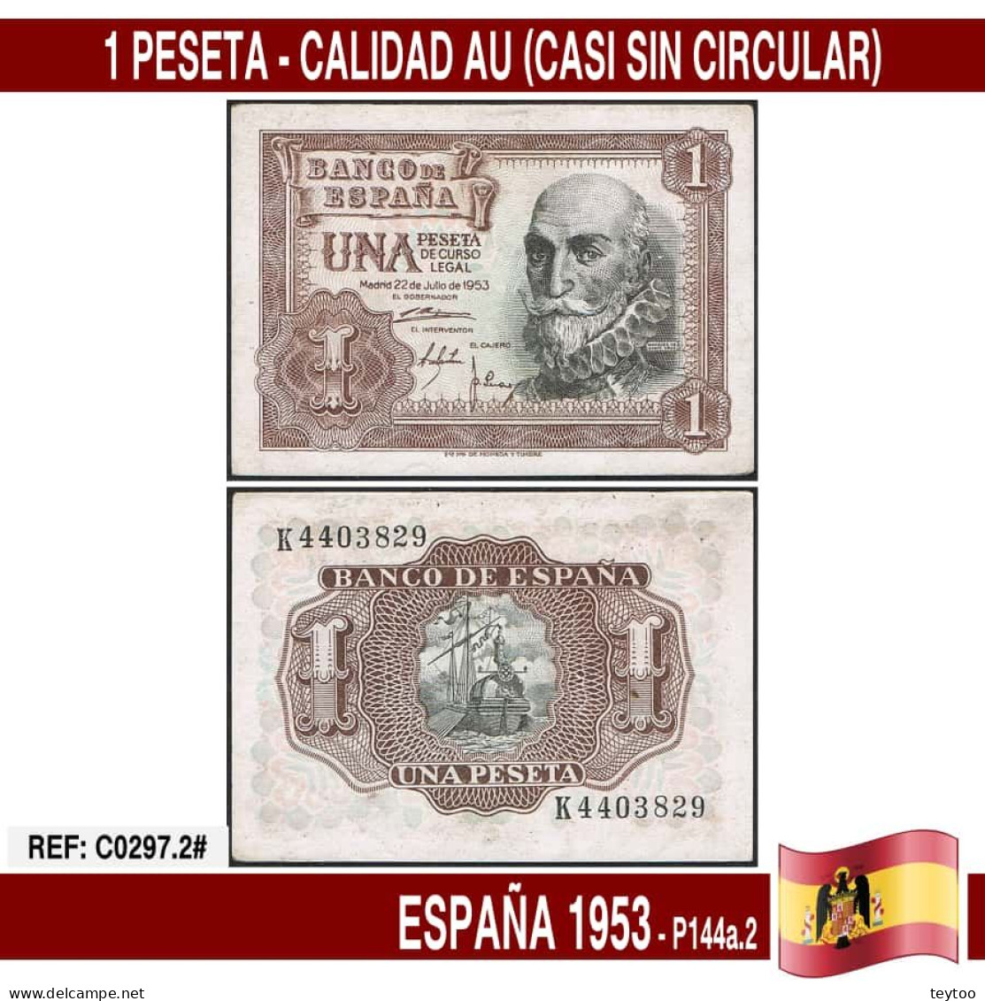 C0297.2# España 1953. 1 Peseta (AU) P144a.2 - 1-2 Peseten