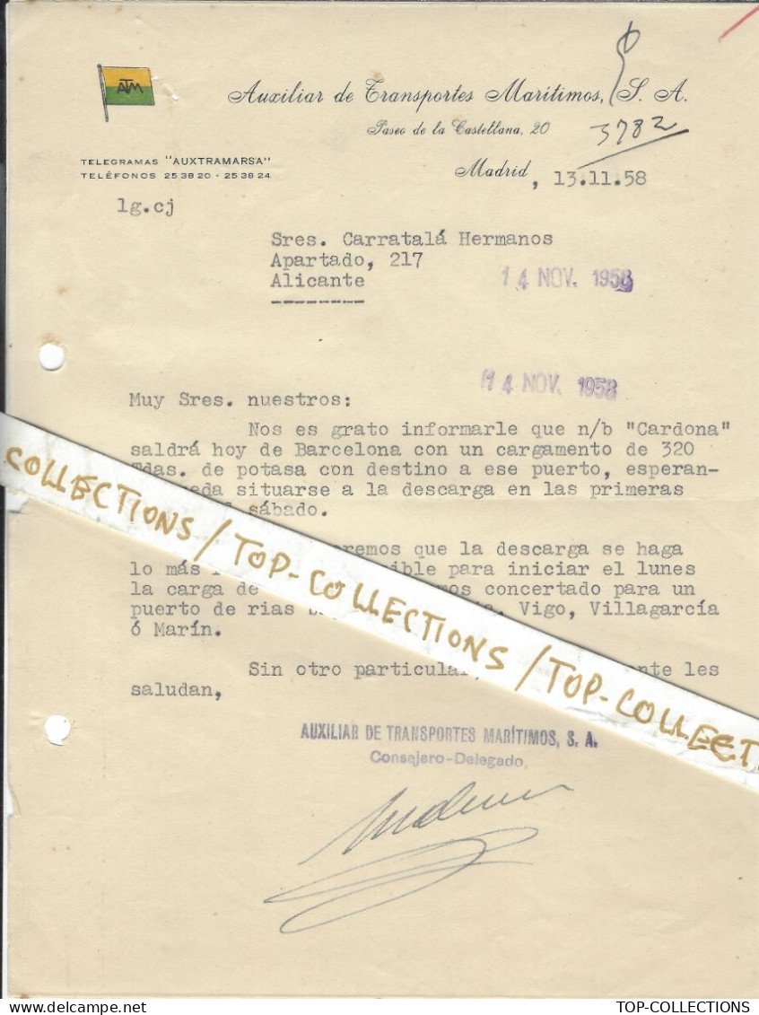 1958  NAVIGATION TRANSPORTS MARITIMES Pavillon Auxiliar De Transportes Maritimos Madrid Pour Alicante Espagne - Spanien