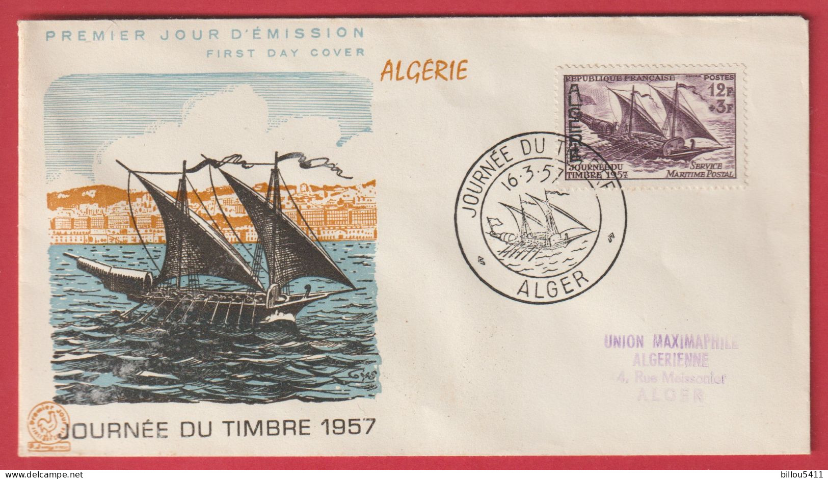 FDC Bateau Ship Service Postal Maritime Journée Du Timbre Alger 1957 Algerie - FDC