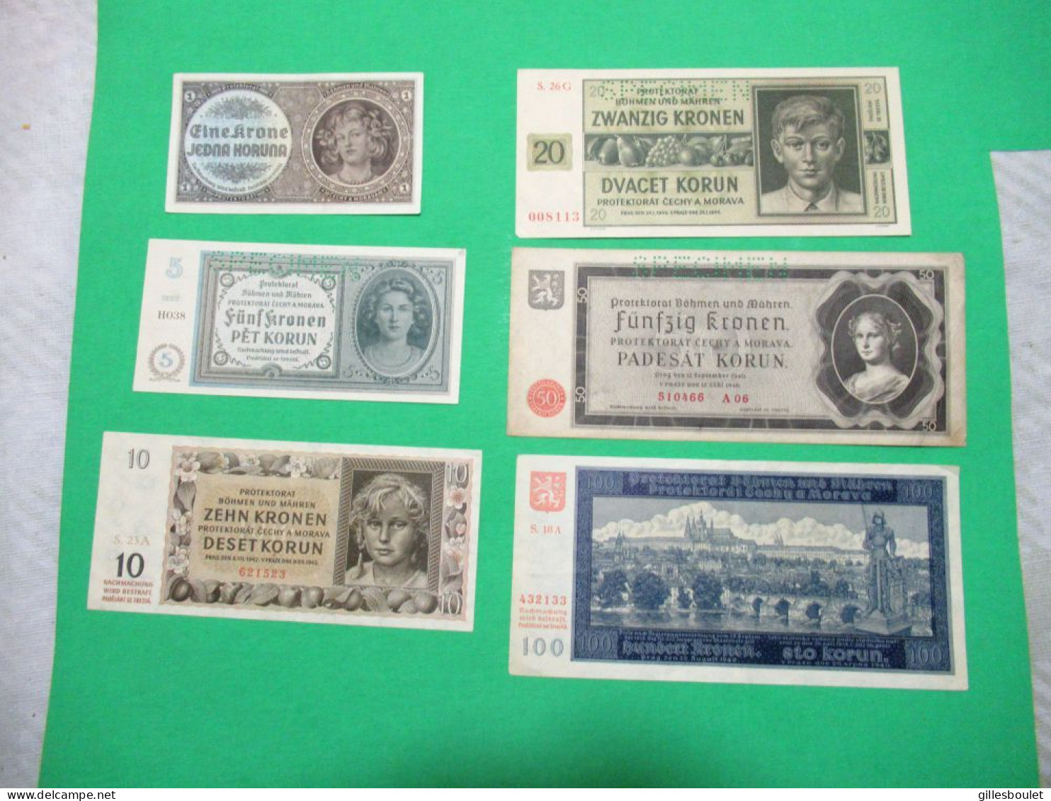 6 Billets. Allemagne Protektorat Tchécoslovaquie 1940-45. Plusieurs Spécimens. Rares Billets. Voir Description Complète. - Collections