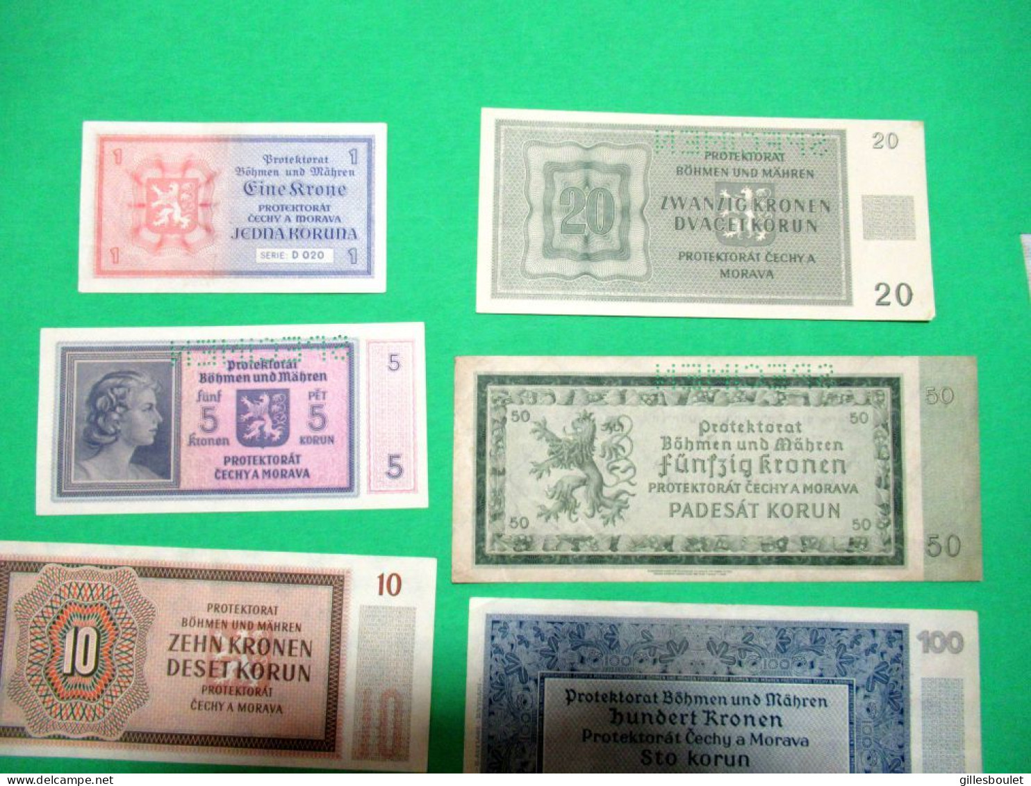 6 Billets. Allemagne Protektorat Tchécoslovaquie 1940-45. Plusieurs Spécimens. Rares Billets. Voir Description Complète. - Collections