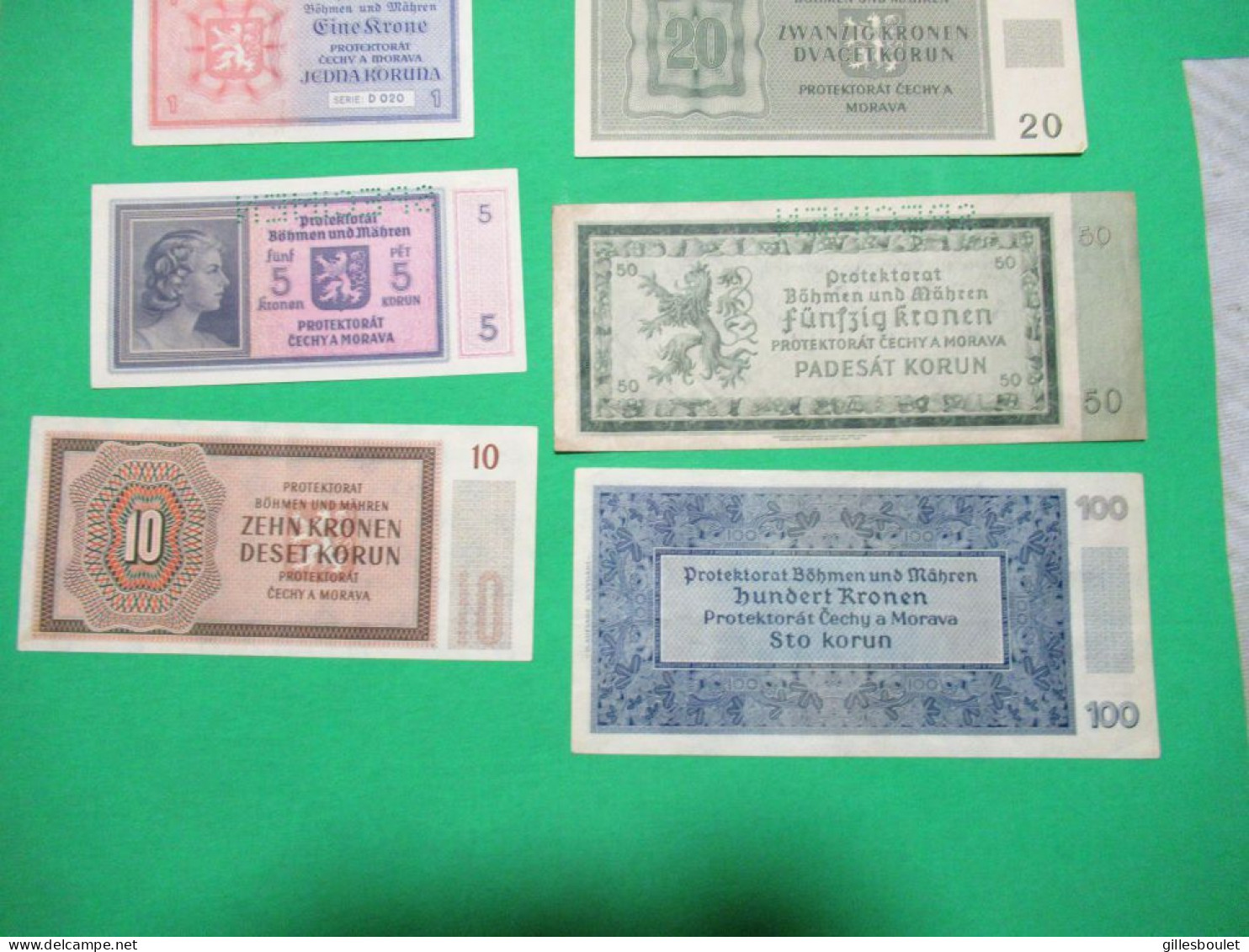 6 billets. Allemagne Protektorat Tchécoslovaquie 1940-45. Plusieurs spécimens. Rares billets. Voir description complète.