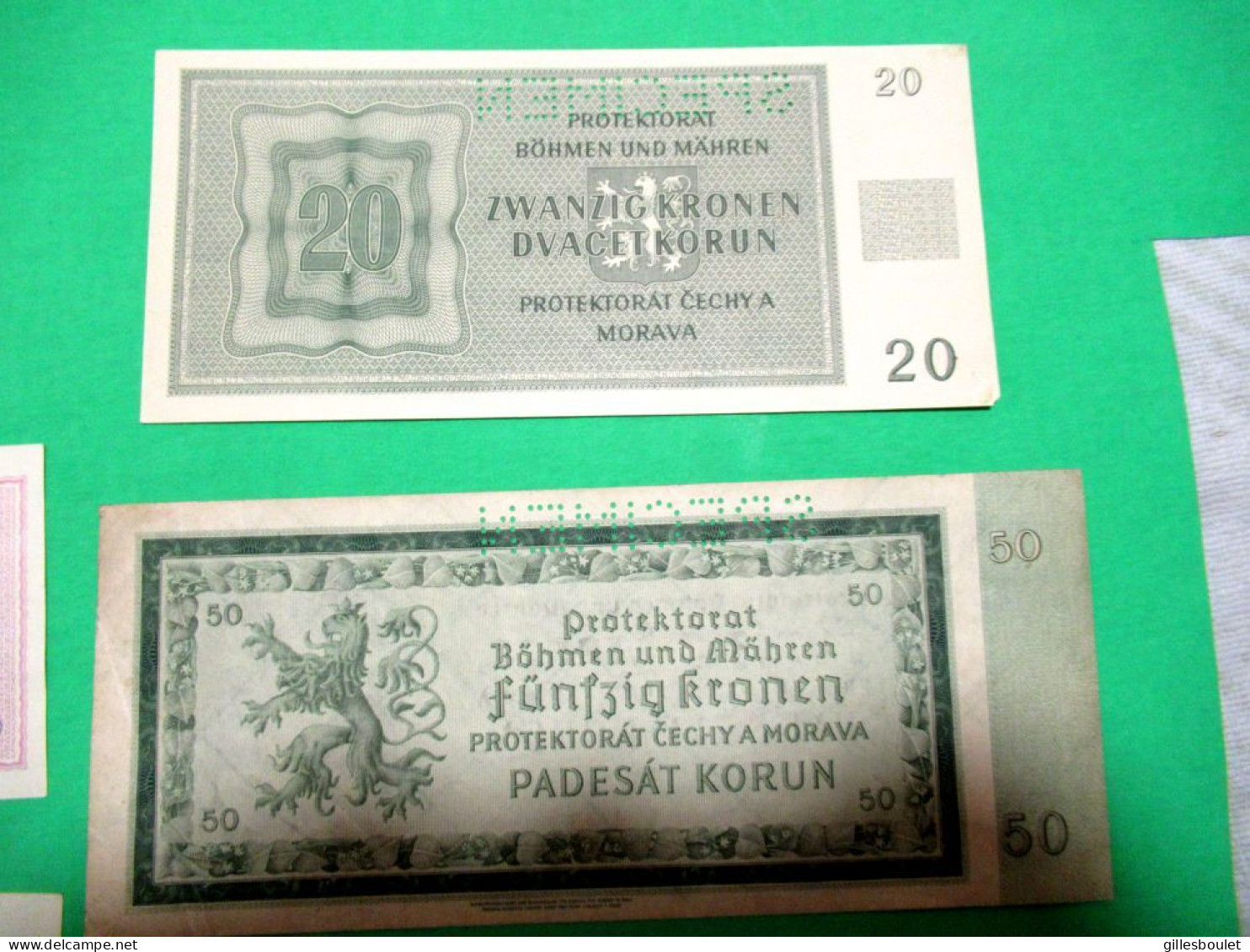 6 billets. Allemagne Protektorat Tchécoslovaquie 1940-45. Plusieurs spécimens. Rares billets. Voir description complète.