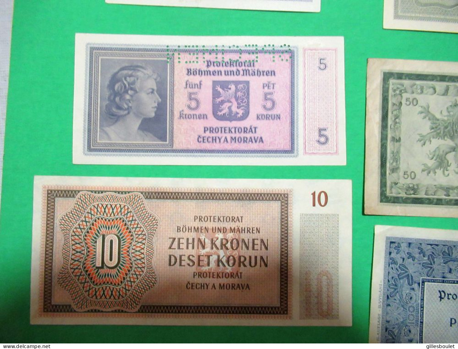 6 billets. Allemagne Protektorat Tchécoslovaquie 1940-45. Plusieurs spécimens. Rares billets. Voir description complète.