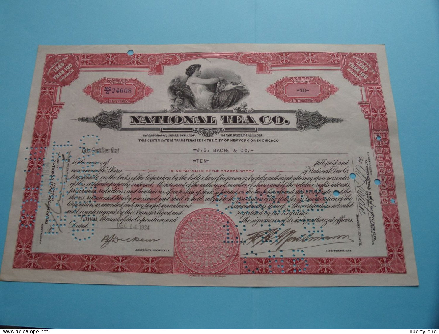 NATIONAL TEA C°. - Shares - N° NC/O 24608 - Anno 1934 ( See / Voir Scan) USA ! - M - O