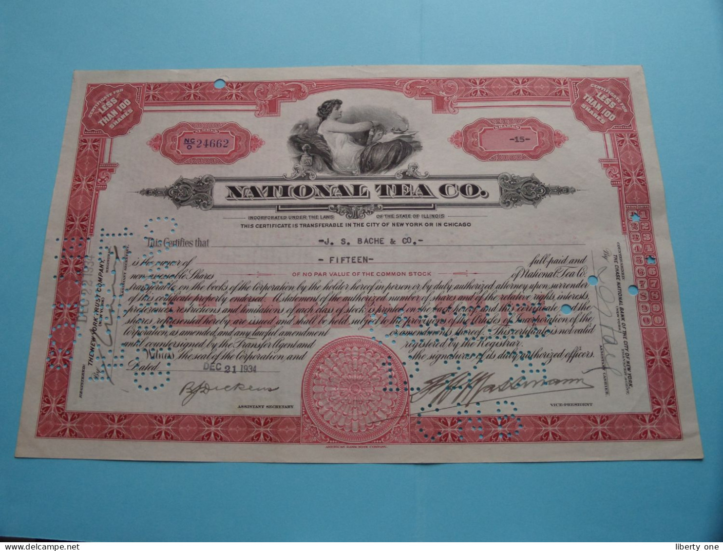 NATIONAL TEA C°. - Shares - N° NC/O 24662 - Anno 1934 ( See / Voir Scan) USA ! - M - O