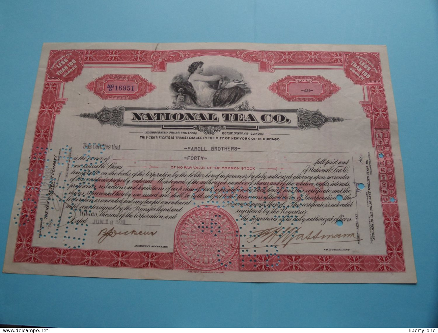 NATIONAL TEA C°. - Shares - N° NC/O 16951 - Anno 1933 ( See / Voir Scan) USA ! - M - O