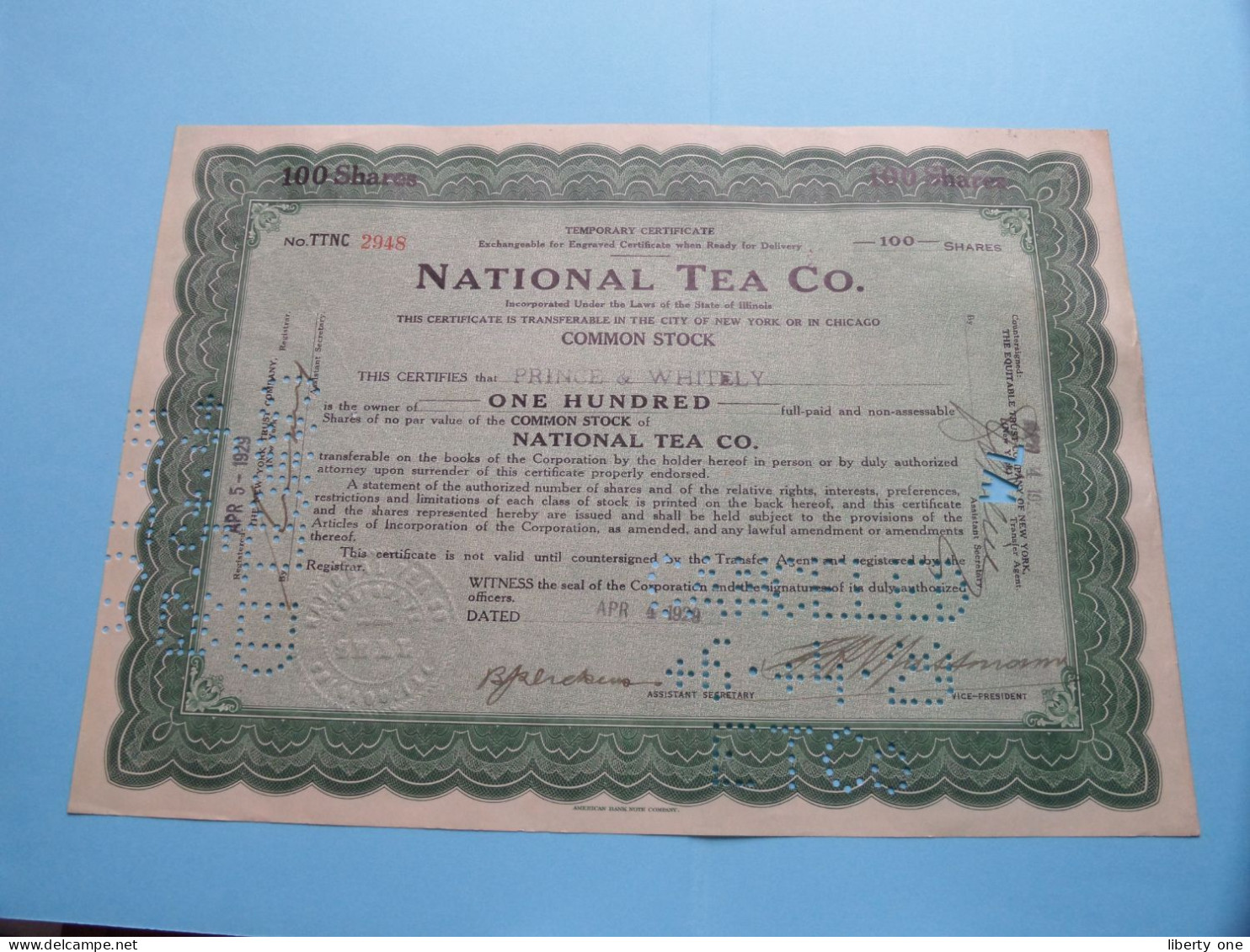 NATIONAL TEA C°. - Shares - N° TTNC 2948 - Anno 1929 ( See / Voir Scan) USA ! - M - O