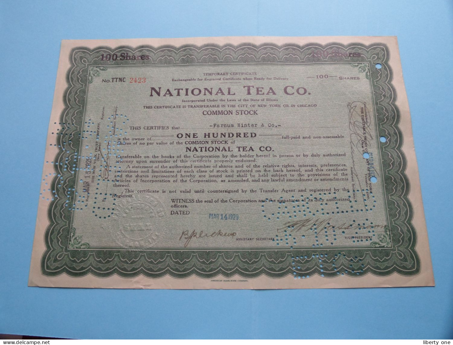 NATIONAL TEA C°. - Shares - N° TTNC 2423 - Anno 1929 ( See / Voir Scan) USA ! - M - O