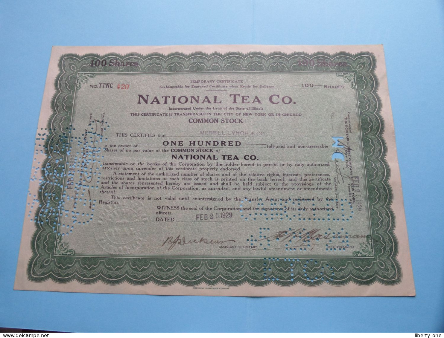 NATIONAL TEA C°. - Shares - N° TTNC 420 - Anno 1929 ( See / Voir Scan) USA ! - M - O