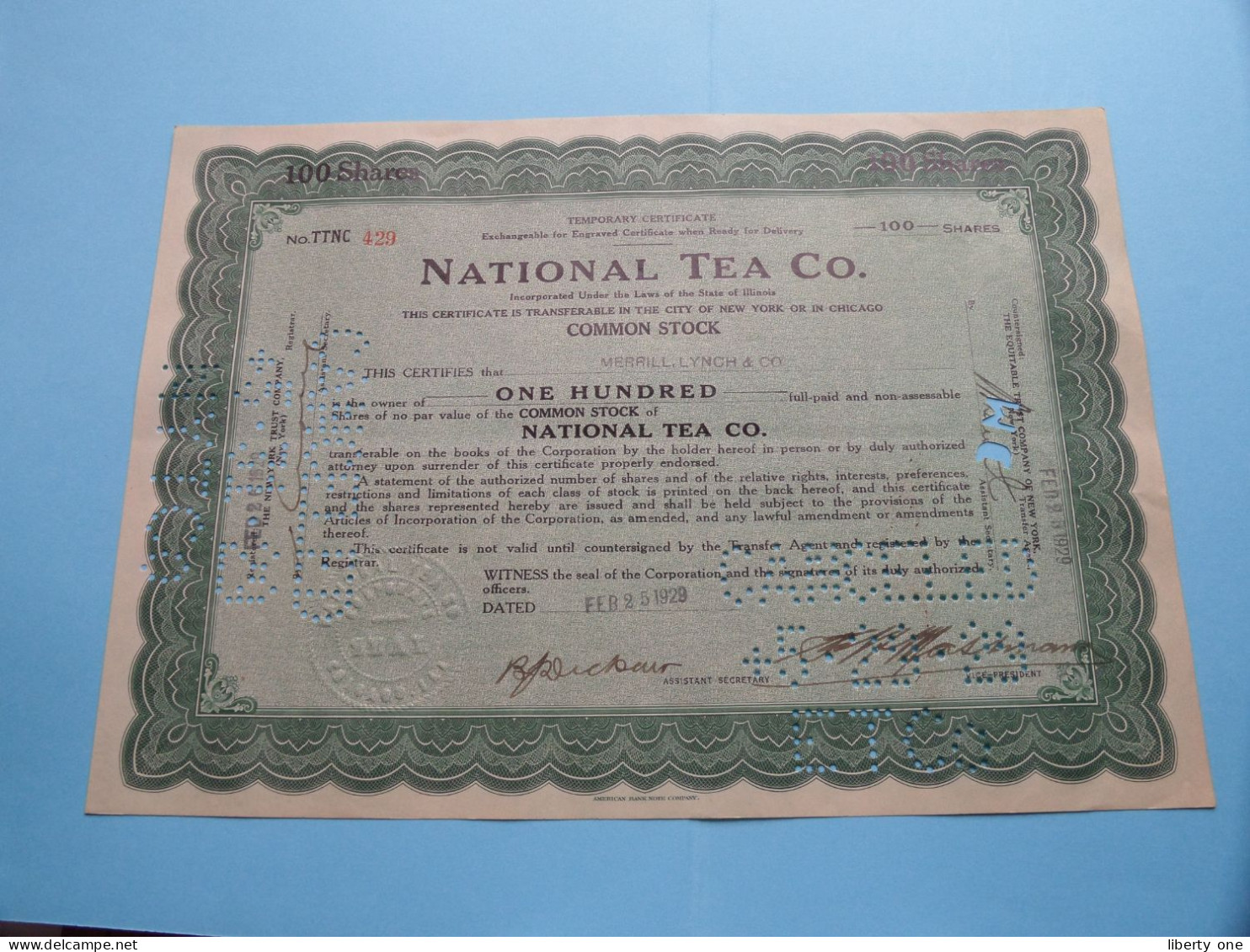 NATIONAL TEA C°. - Shares - N° TTNC 429 - Anno 1929 ( See / Voir Scan) USA ! - M - O