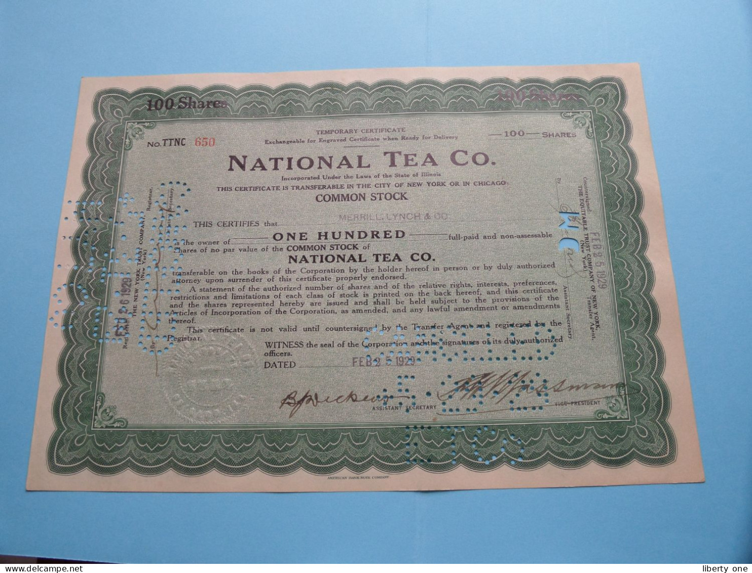 NATIONAL TEA C°. - Shares - N° TTNC 650 - Anno 1929 ( See / Voir Scan) USA ! - M - O