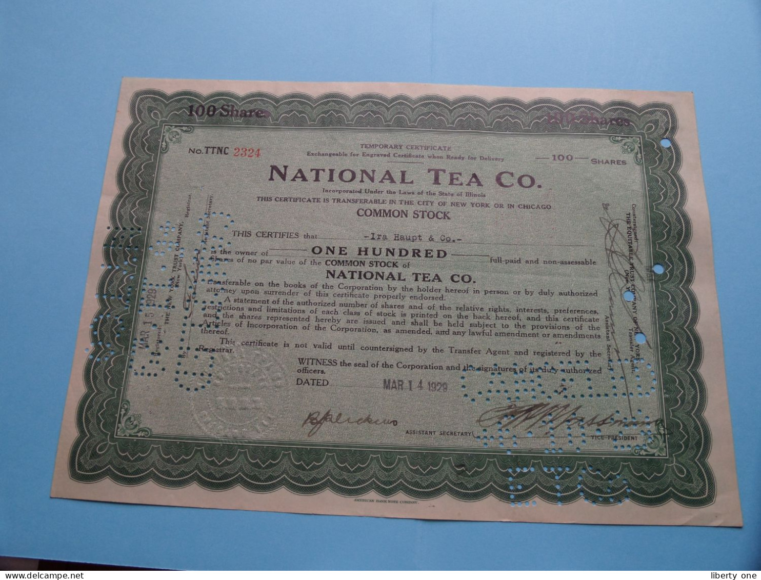 NATIONAL TEA C°. - Shares - N° TTNC 2324 - Anno 1929 ( See / Voir Scan) USA ! - M - O