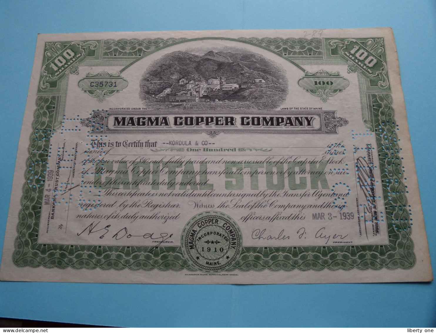 MAGMA COPPER C°. - Shares - N° C35731 - Anno 1939 ( See / Voir Scan) USA ! - Industrie