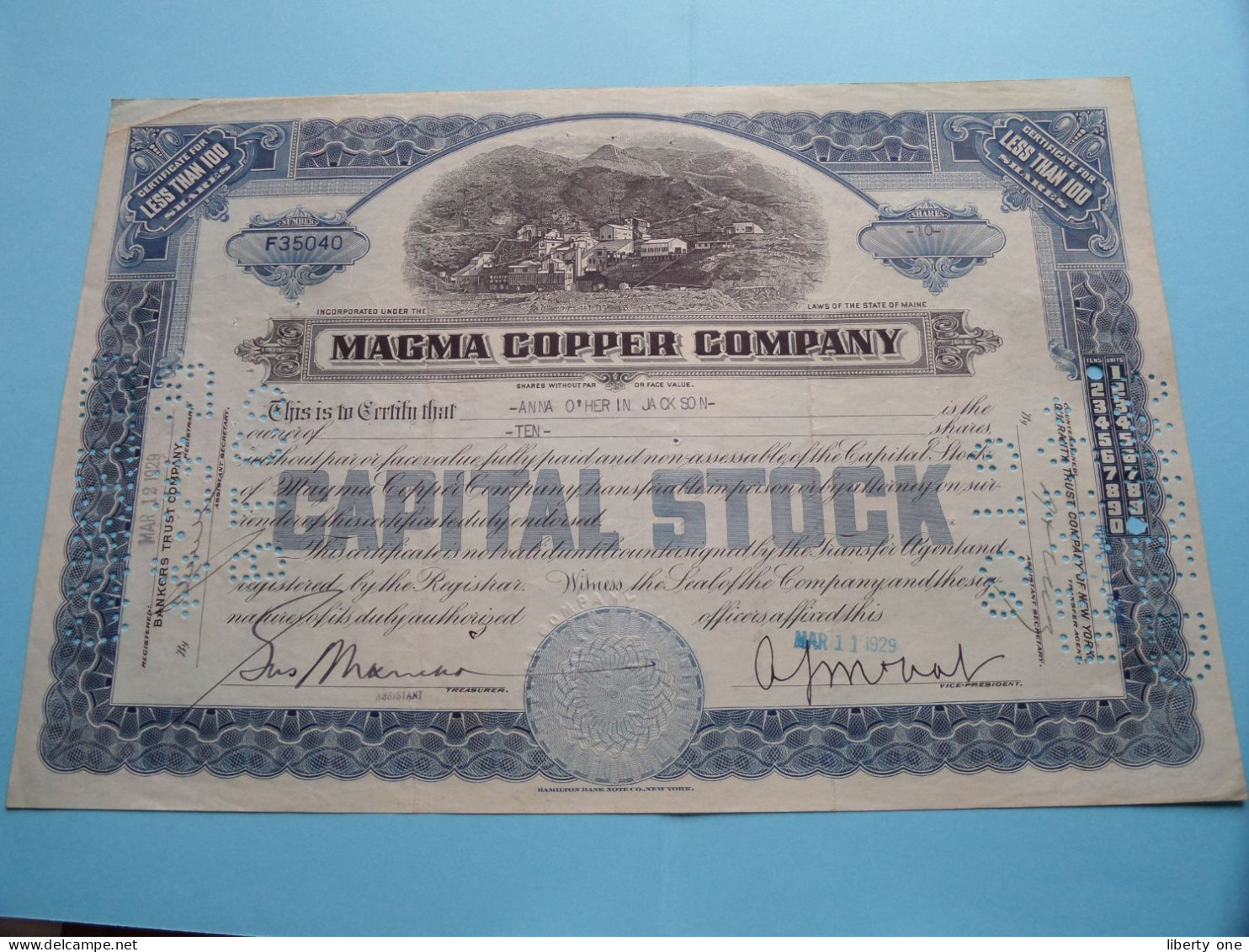 MAGMA COPPER C°. - Shares - N° F35040 - Anno 1929 ( See / Voir Scan) USA ! - Industrie