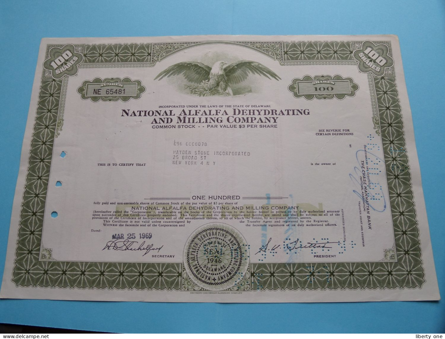 NATIONAL ALFALFA DEHYDRATING AND MILLING COMPANY - Shares - N° NE 65481 - Anno 1969 ( See / Voir Scan) USA ! - M - O