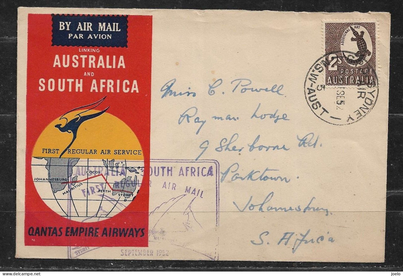 AUSTRALIA 1952 QUANTAS FIRST REGULAR AIR SERVICE TO SOUTH AFRICA SOUVENIR COVER - Premiers Vols