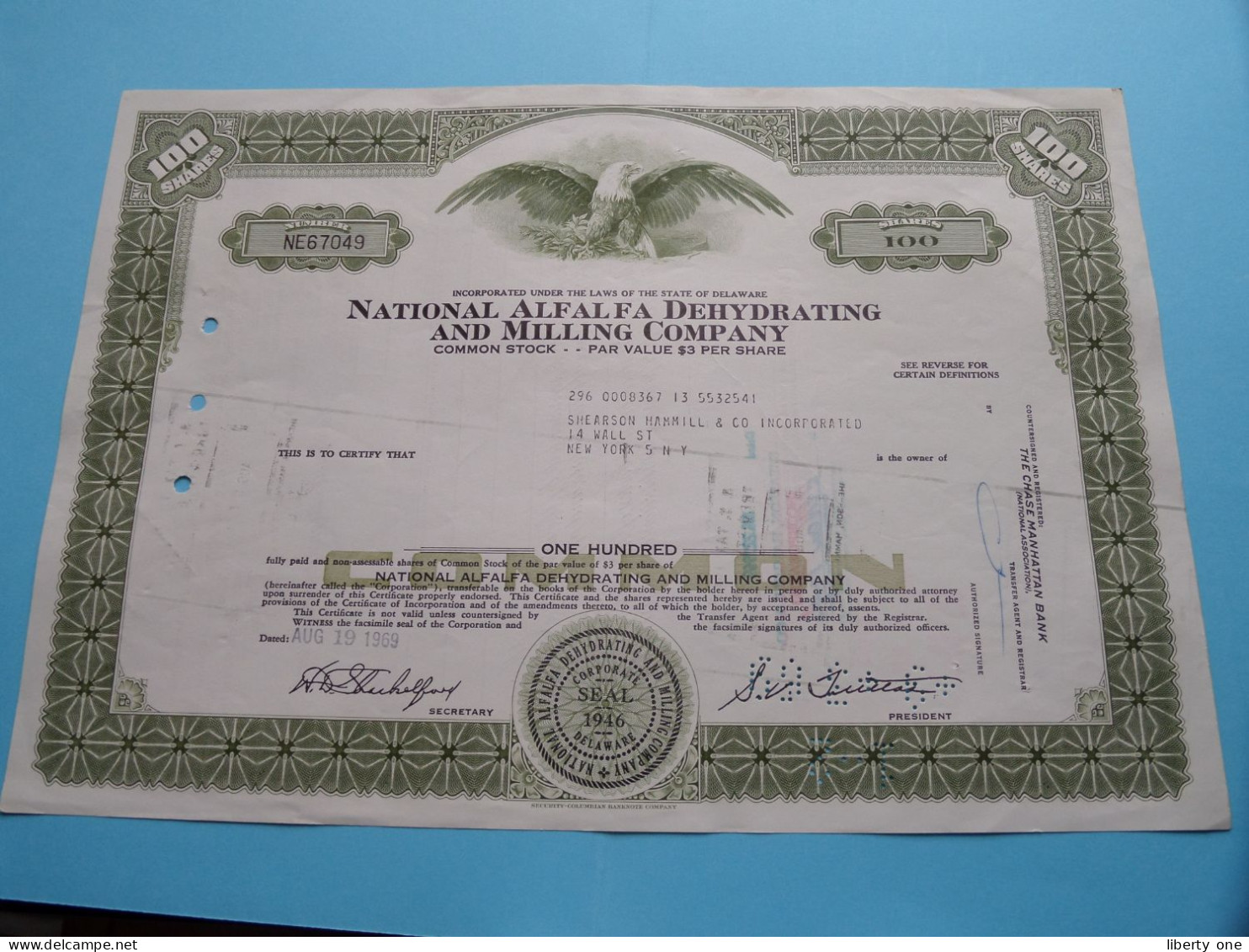 NATIONAL ALFALFA DEHYDRATING AND MILLING COMPANY - Shares - N° NE 67049 - Anno 1969 ( See / Voir Scan) USA ! - M - O