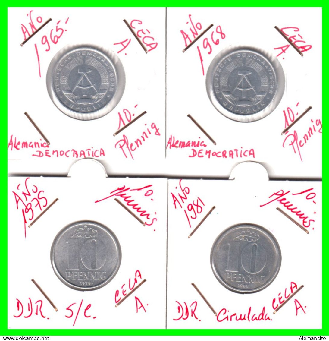 REPUBLICA DEMOCRATICA DE ALEMANIA ( DDR ) 4 MONEDAS DE 10 PFENNING AÑO 1965 - 1968 - 1979 -  1981 - CECA - A - EMBLEMA A - 5 Pfennig