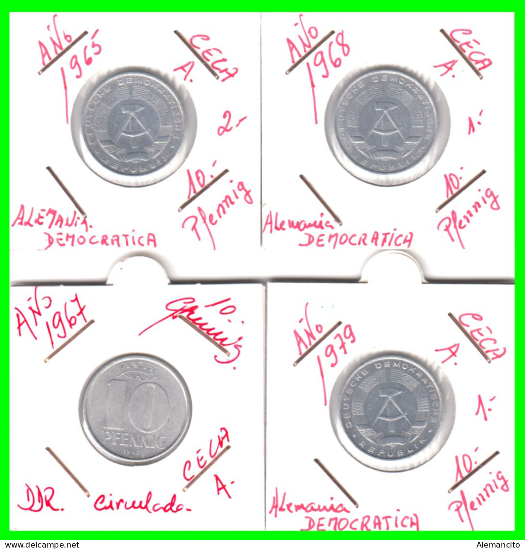 REPUBLICA DEMOCRATICA DE ALEMANIA ( DDR ) 4 MONEDAS DE 10 PFENNING AÑO 1965 - 1968 - 1967 -  1979 - CECA - A - EMBLEMA A - 5 Pfennig