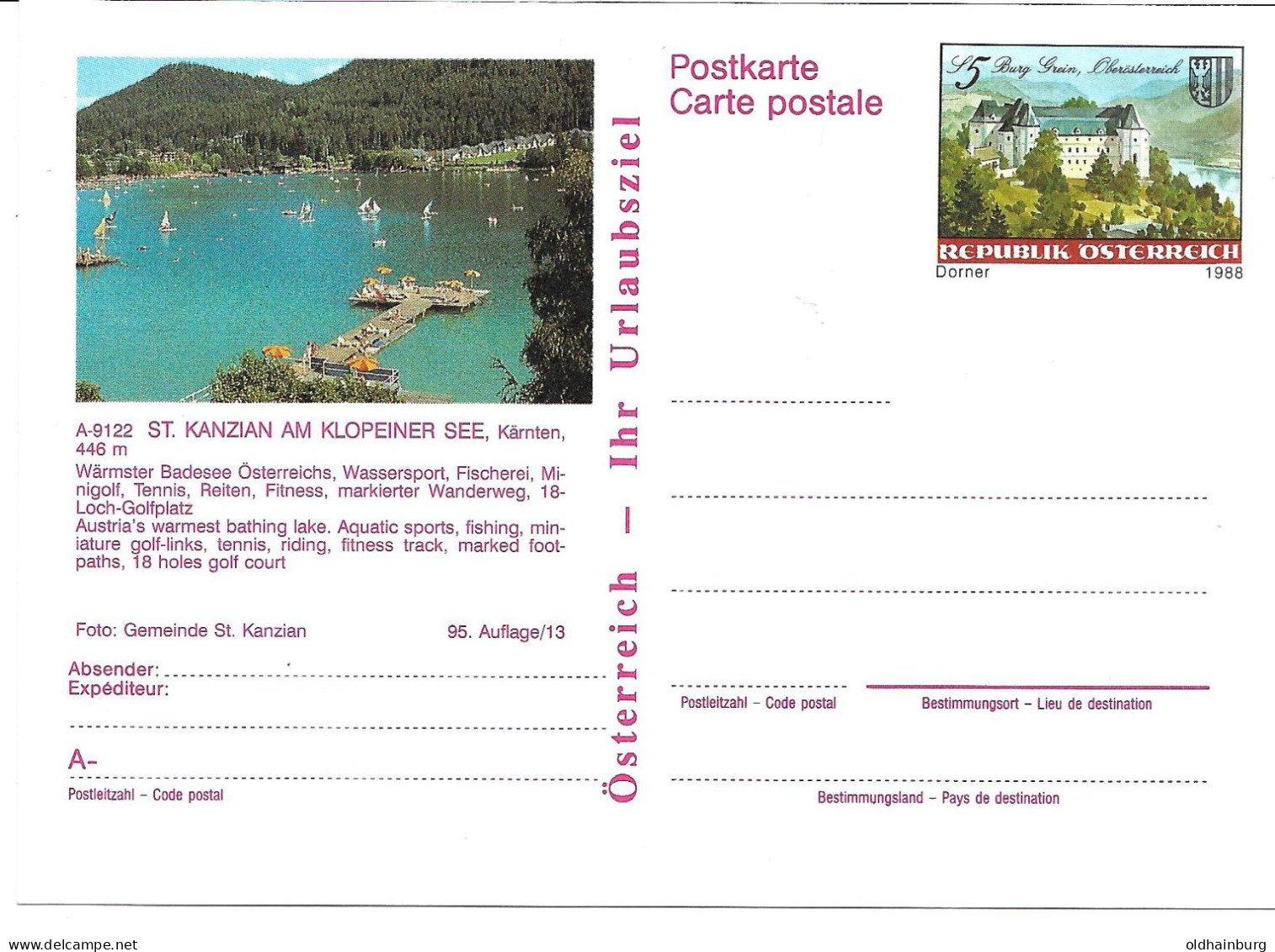 2357c: Österreich 1988, Dorner: Bildpostkarte 9122 St. Kanzian, Motiv Wassersport, Fischerei, U.a., ** - Klopeinersee-Orte